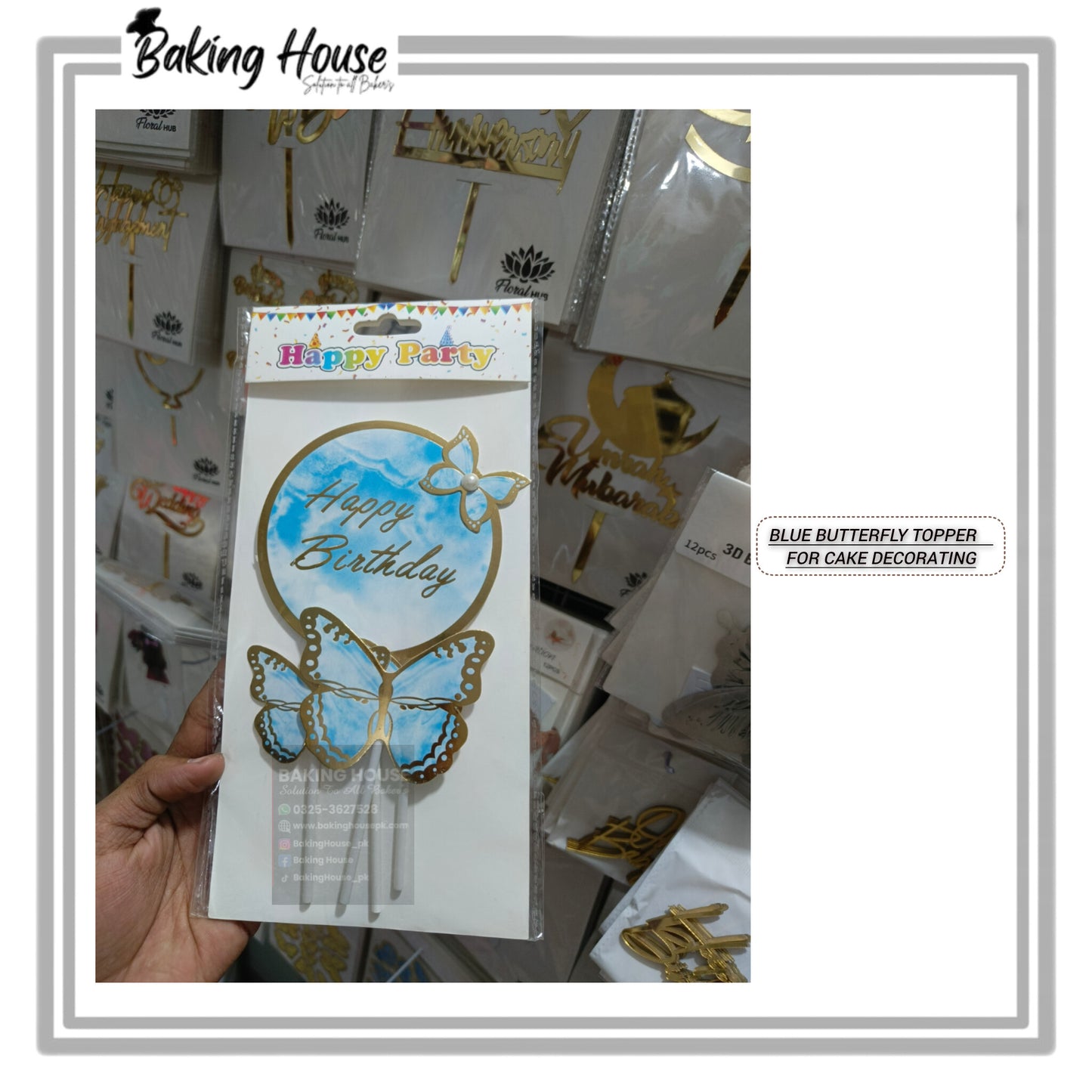 3D Card Stick Butterfly Blue Cak Topper For Decorating