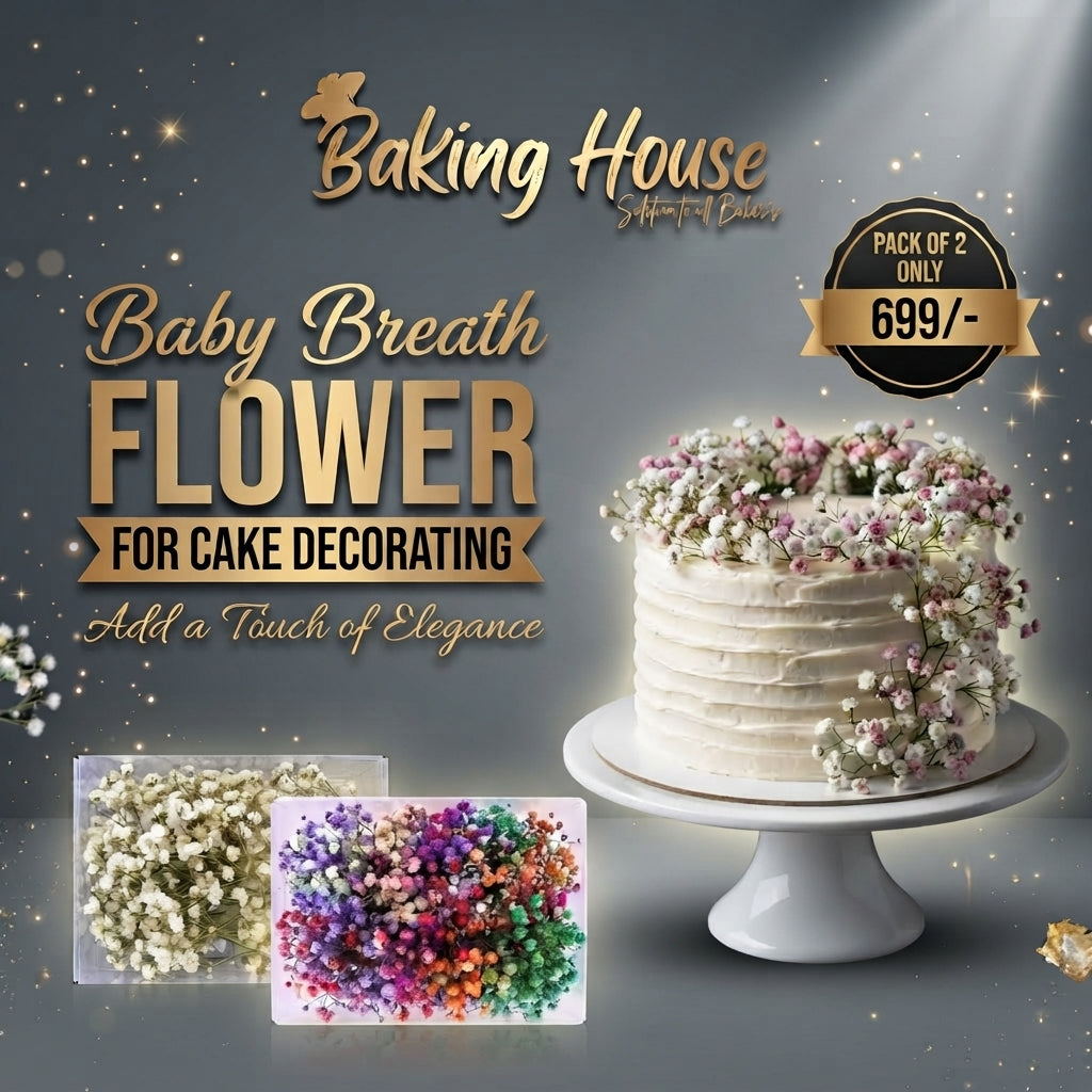 Baking House Baby Breath Flower for cake decorating promotional graphic, showing a decorated white cake with pink and white baby breath flowers, two small packets of dried flowers, and text offering a pack of 2 only for 699/-.
