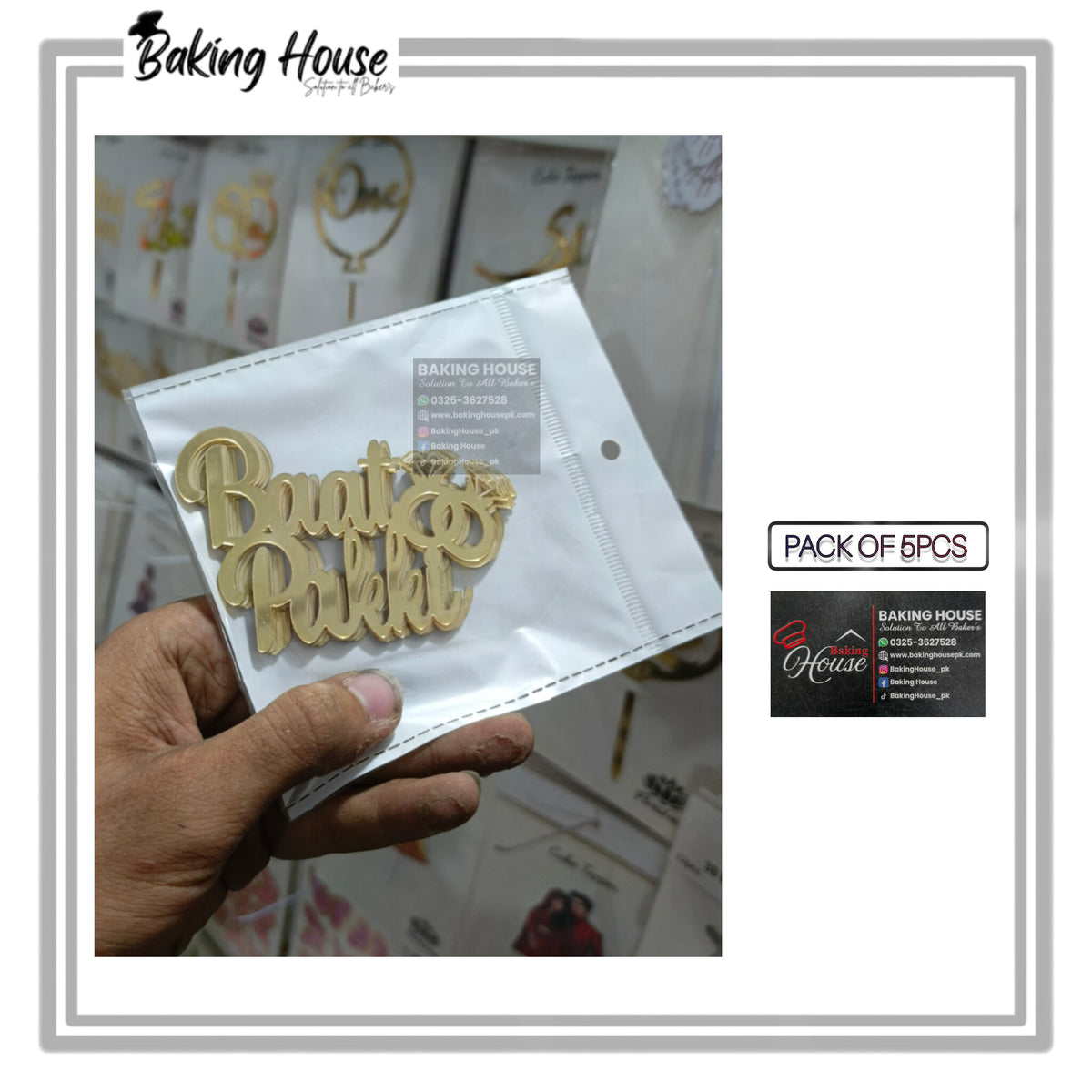 5pcs Golden Baat Pakki English Acrylic Cake Tags For Decorating
