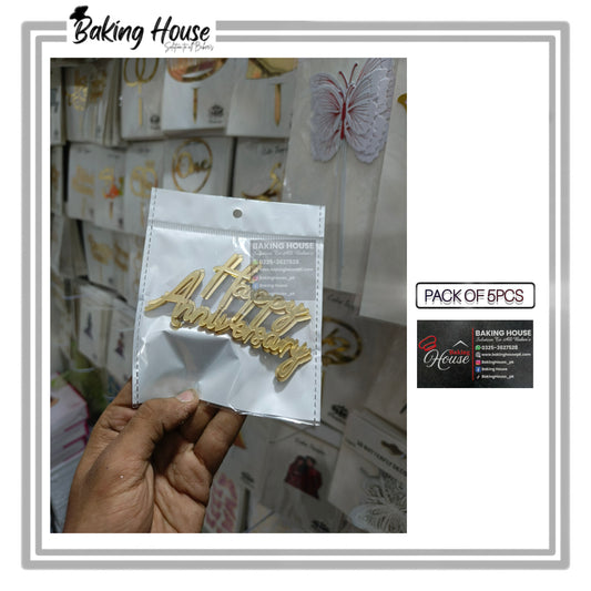 5pcs Golden Happy Anniversary Acrylic Cake Tags For Decorating