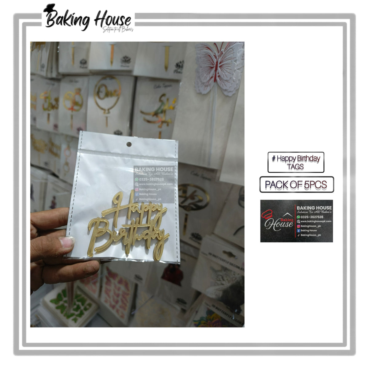 5pcs Golden Happy Birthday Acrylic Cake Tags For Decorating