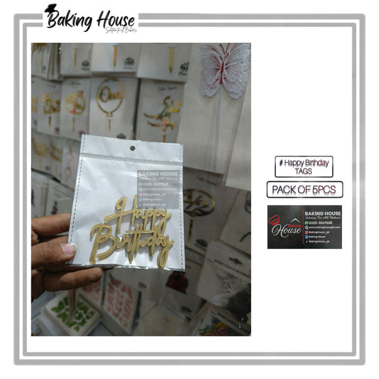 5pcs Golden Happy Birthday Acrylic Cake Tags For Decorating