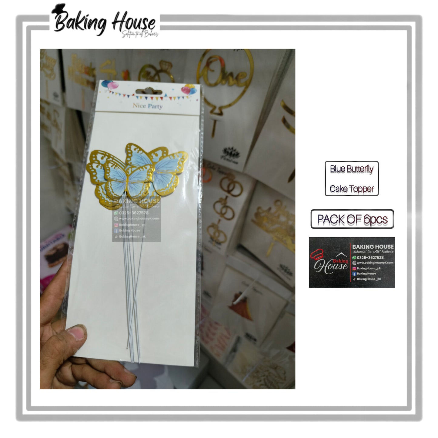 6pcs Blue Stick Butterfly For Cake Decorating