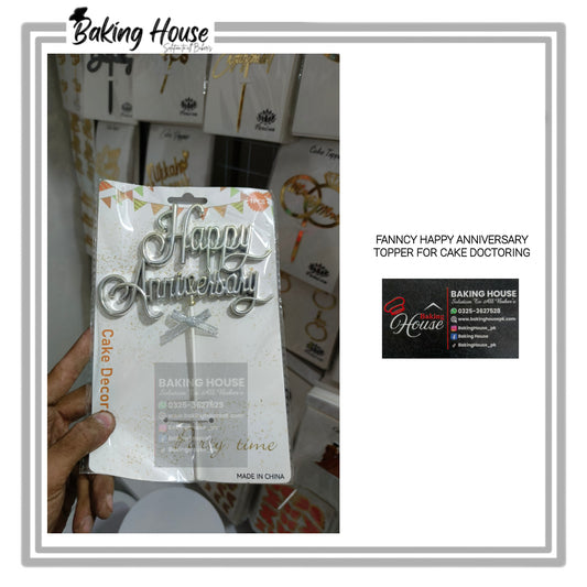 Fanncy Happy Anniversary Silver Cake Topper For Decorating