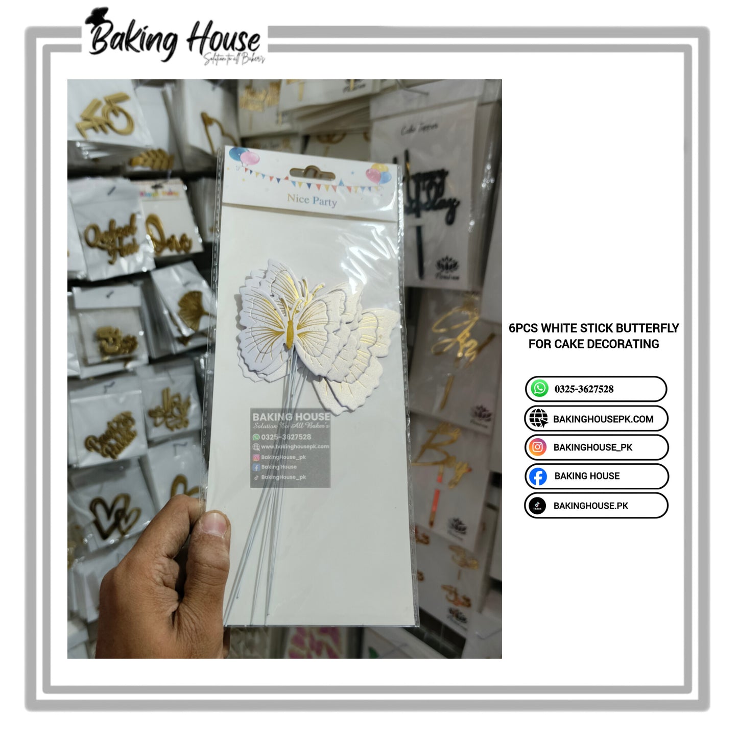 6pcs White Stick Butterfly For Cake Decorating