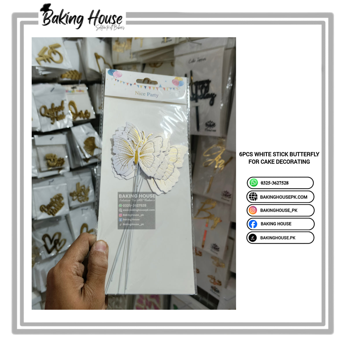 6pcs White Stick Butterfly For Cake Decorating