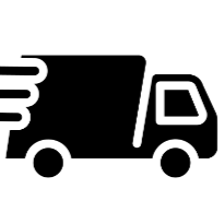 Black silhouette of a delivery truck with speed lines on a white background