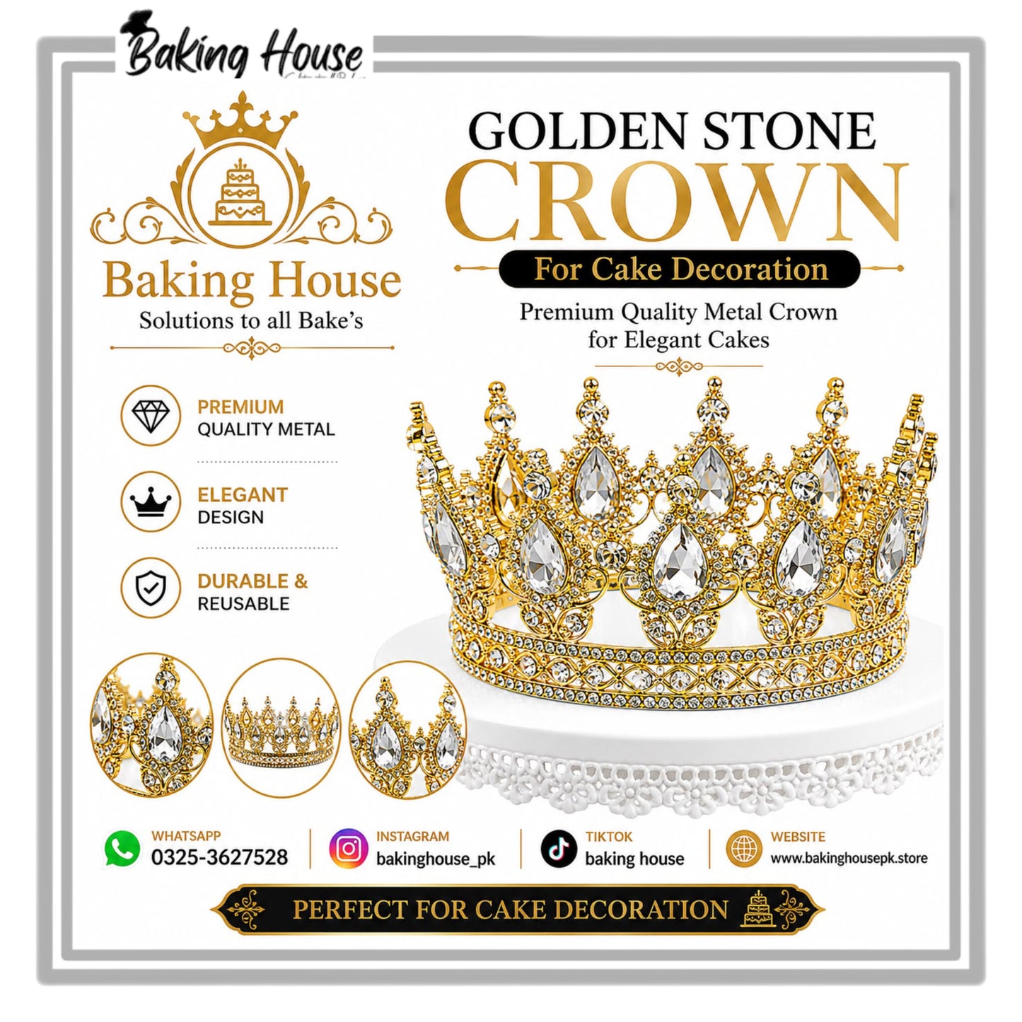 Golden Metal White Stone Crown 5.5inch For Cake Decorating