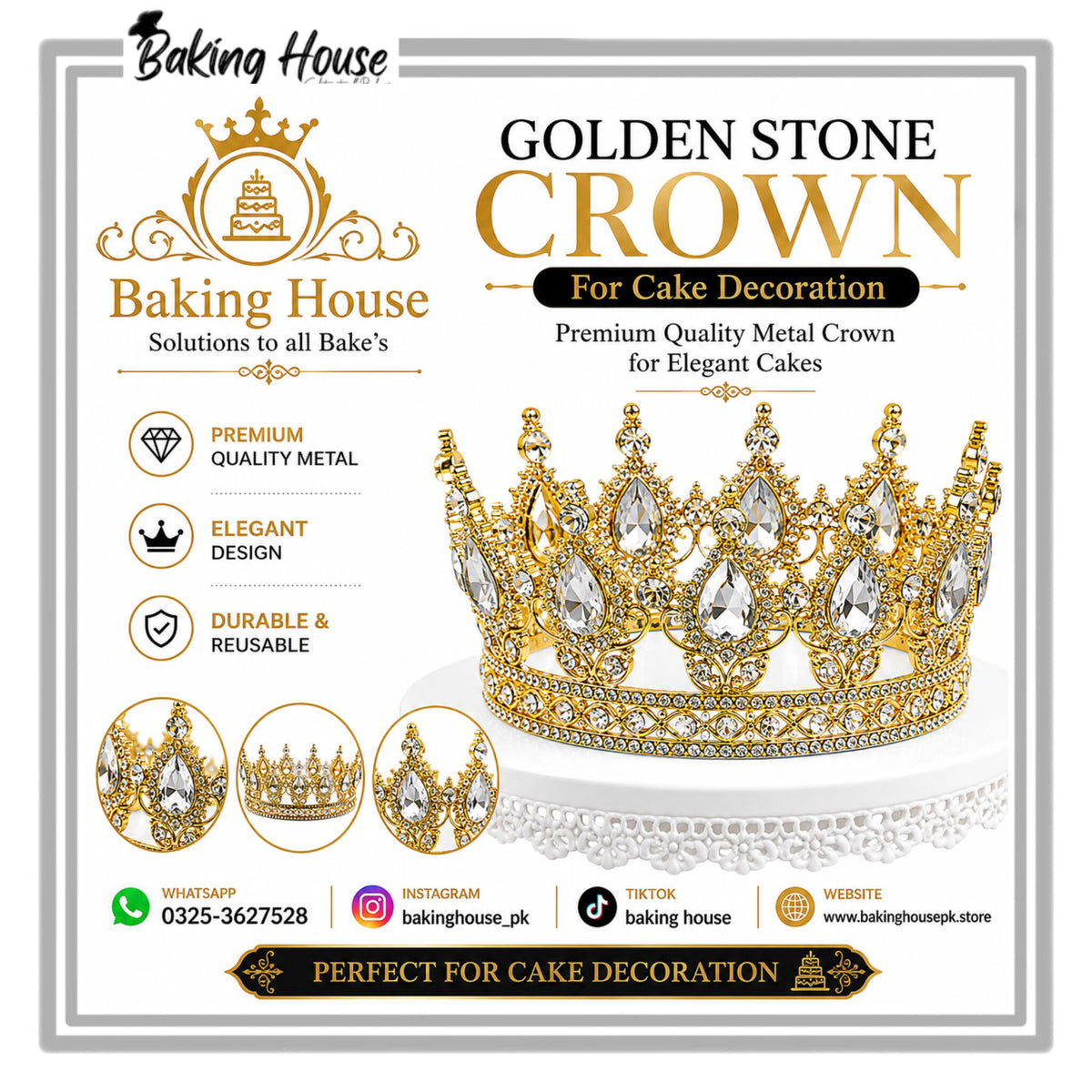 Golden Metal White Stone Crown 5.5inch For Cake Decorating
