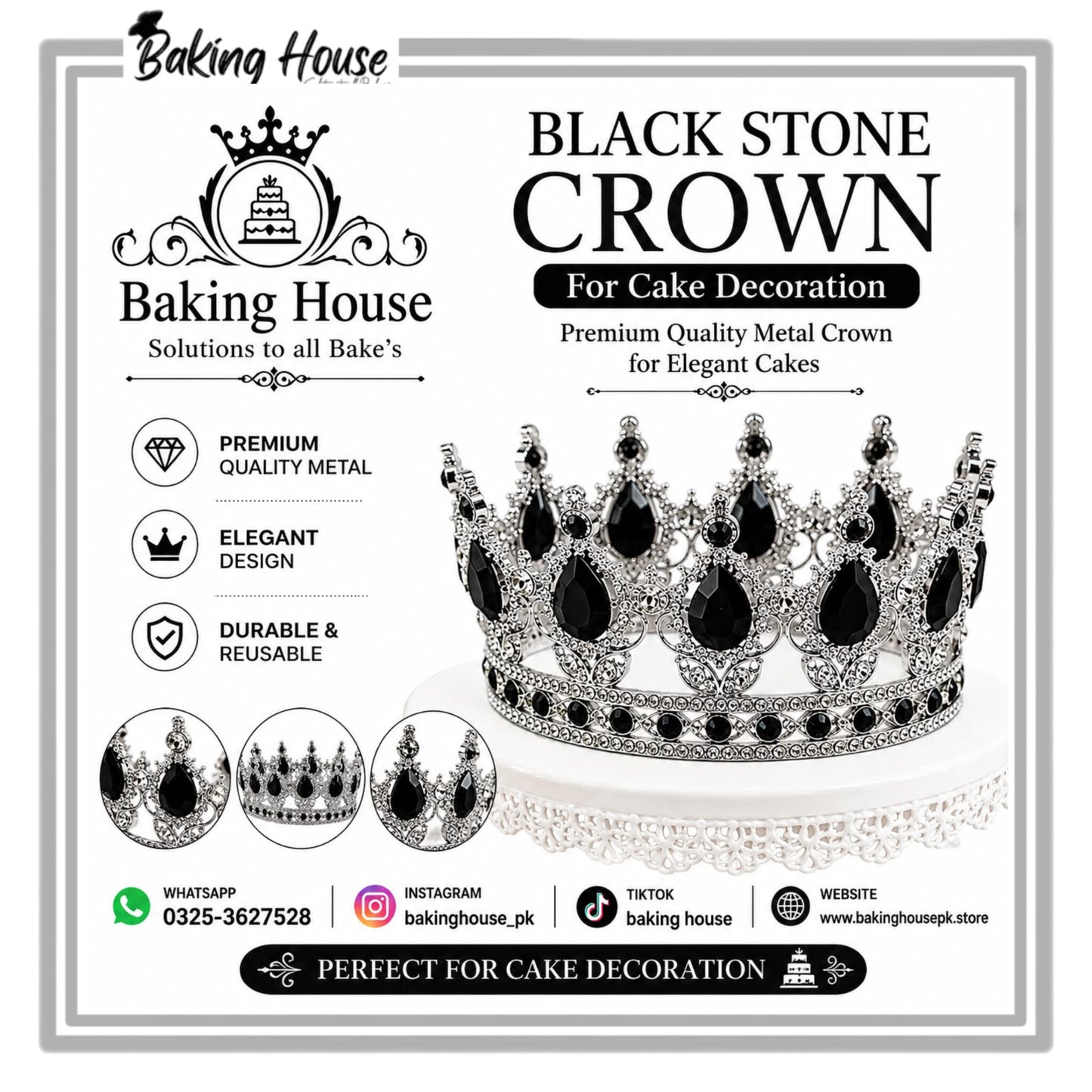Silver Metal Black Stone Crown 5.5inch For Cake Decorating